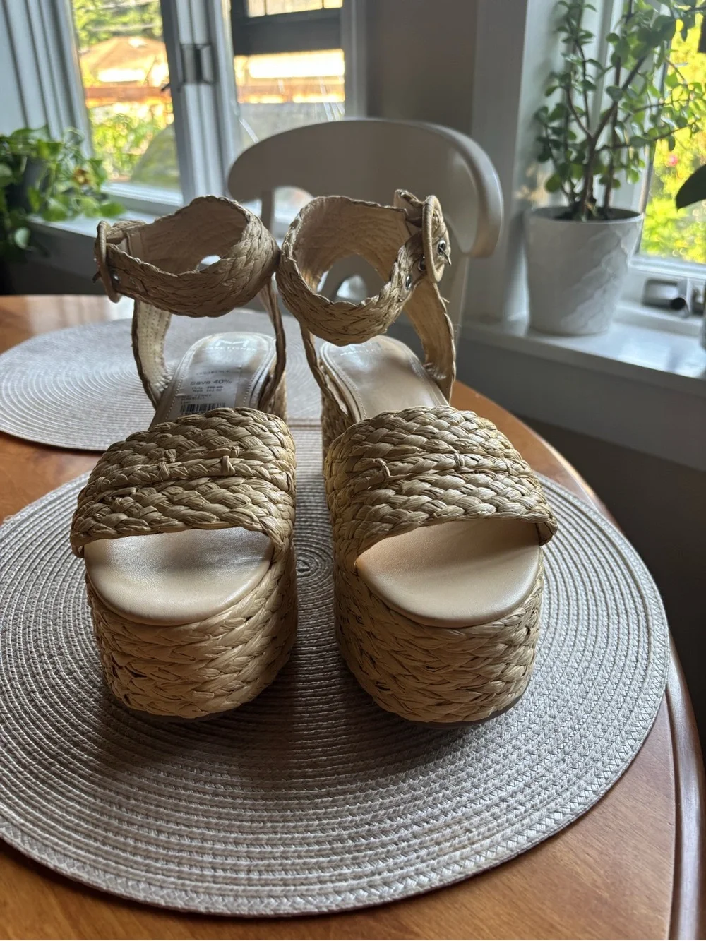 Marc Fisher Woven Platform Sandals in Natural Beige, 4 inches  high